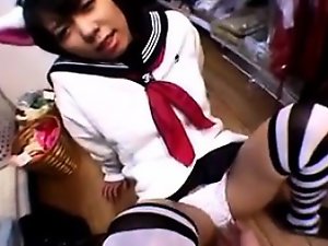 Lovely Japanese schoolgirl in white panties gets her snatch